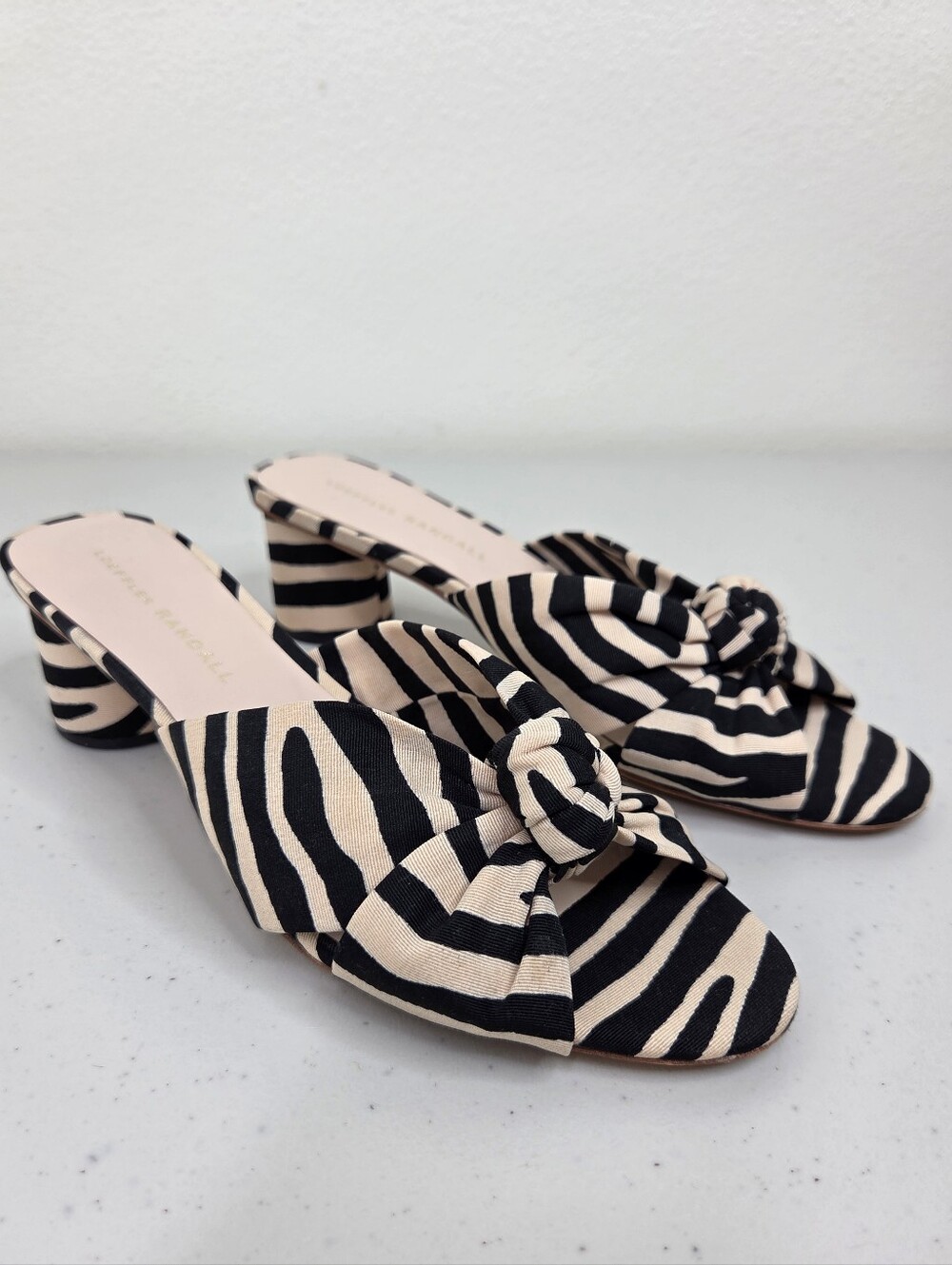 Loeffler Randall Celeste Black & Beige Zebra Knot Mules Sandals Block Heel